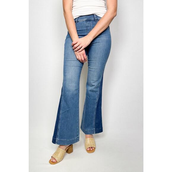 EUC SPANX Two-Tone Flare Jeans Dark Wash Slimming High Rise Pull On Retro Small